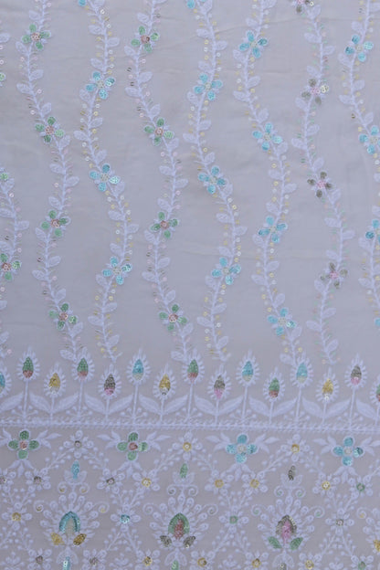 Vertical Floral Sequin Embroidered Fabric with Ornate Border