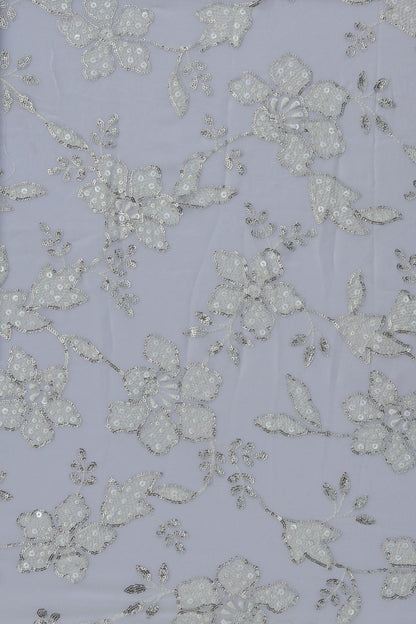 White Floral Embroidered Fabric with Silver Sequin Detailing