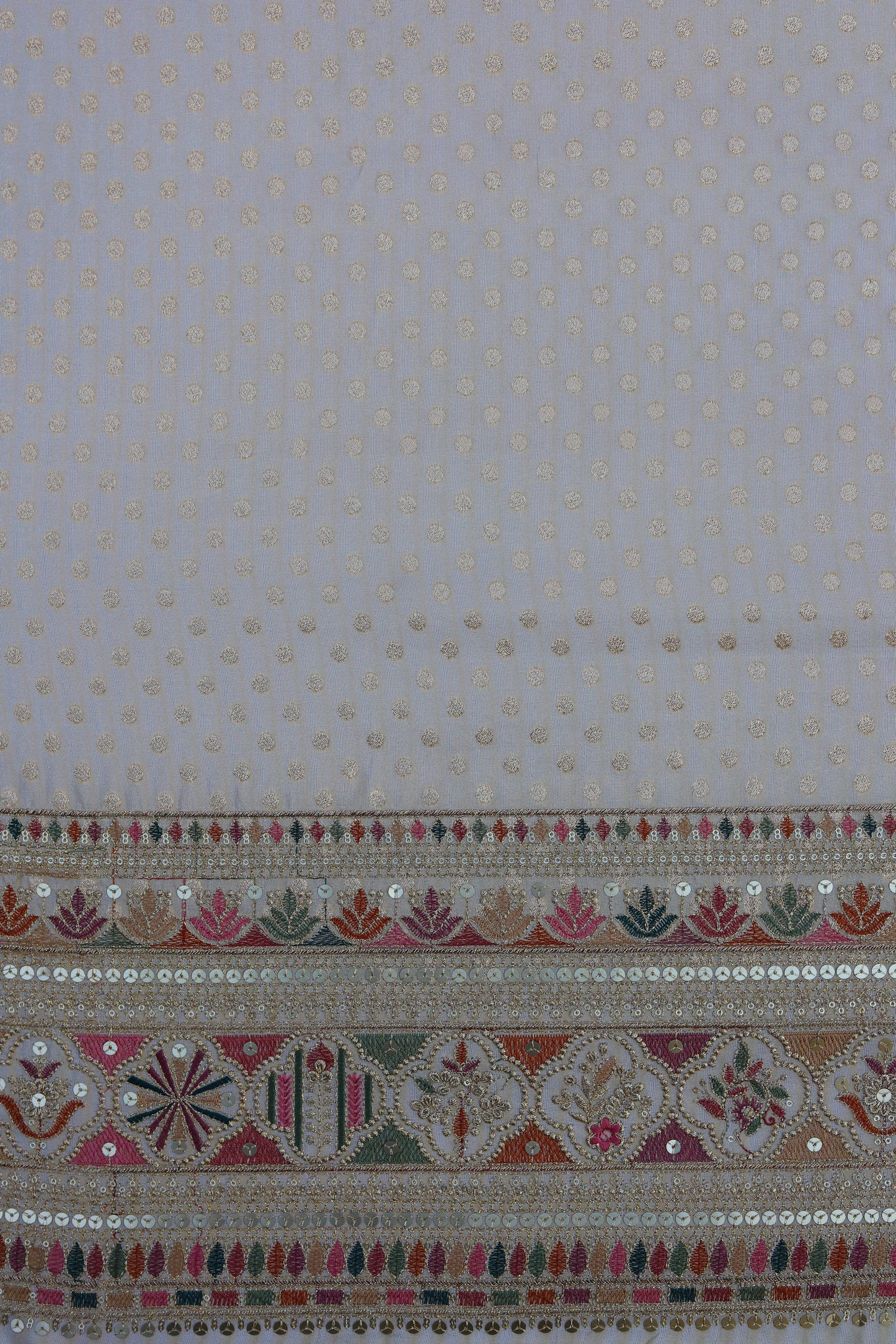 Pure Banarasi Tissue Brocade Fabric with Embroidered Polka Dots and Sequined Border