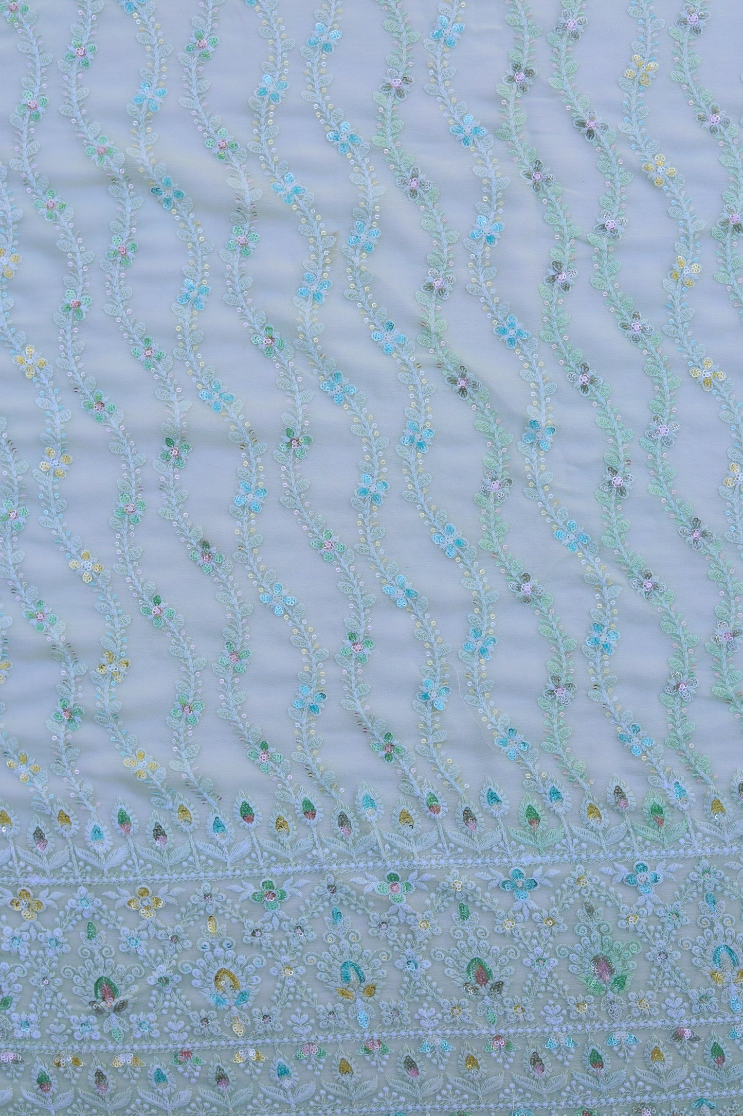 Vertical Floral Sequin Embroidered Fabric with Ornate Border