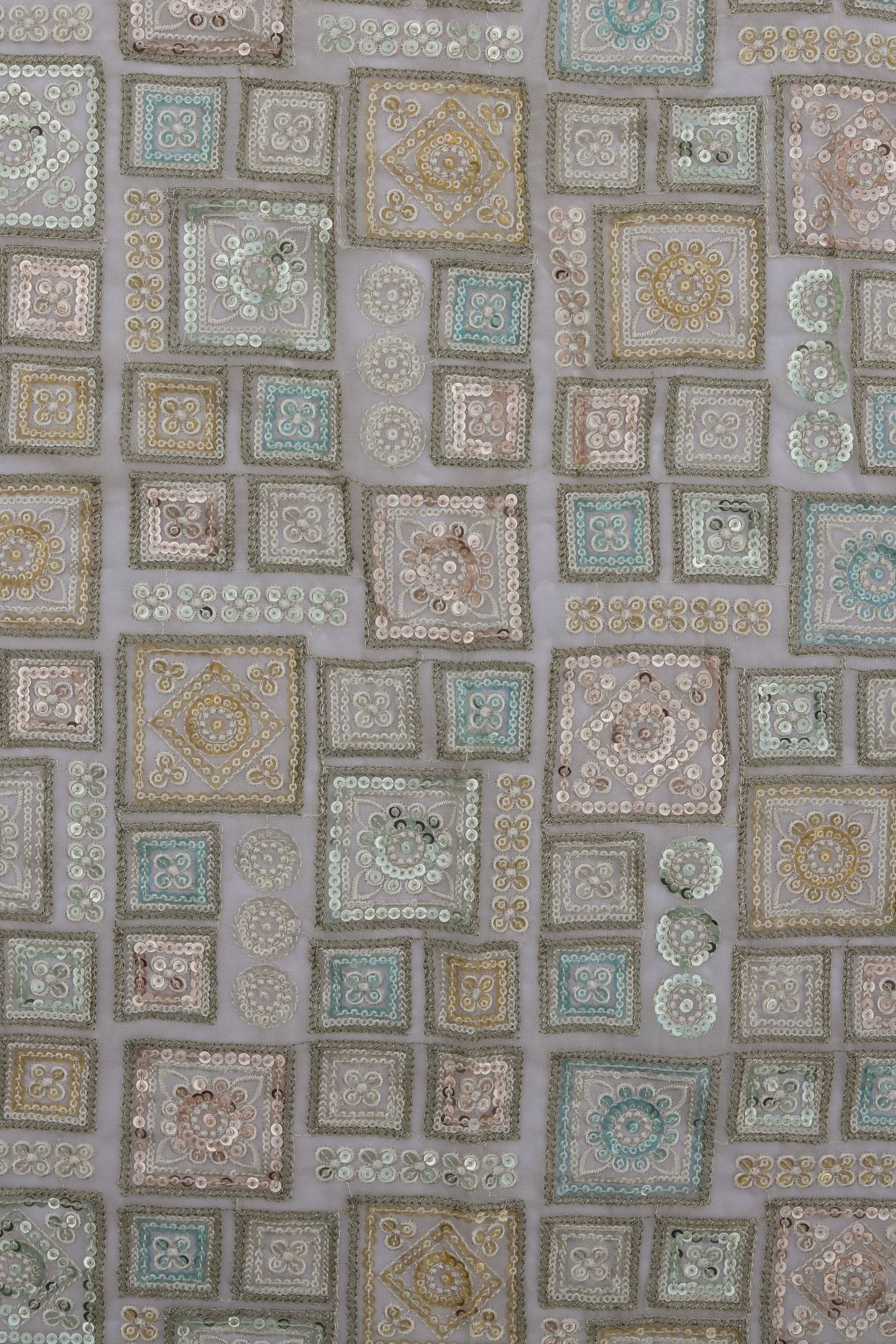 Pastel Multi-Color Square Embroidered Sequin Fabric