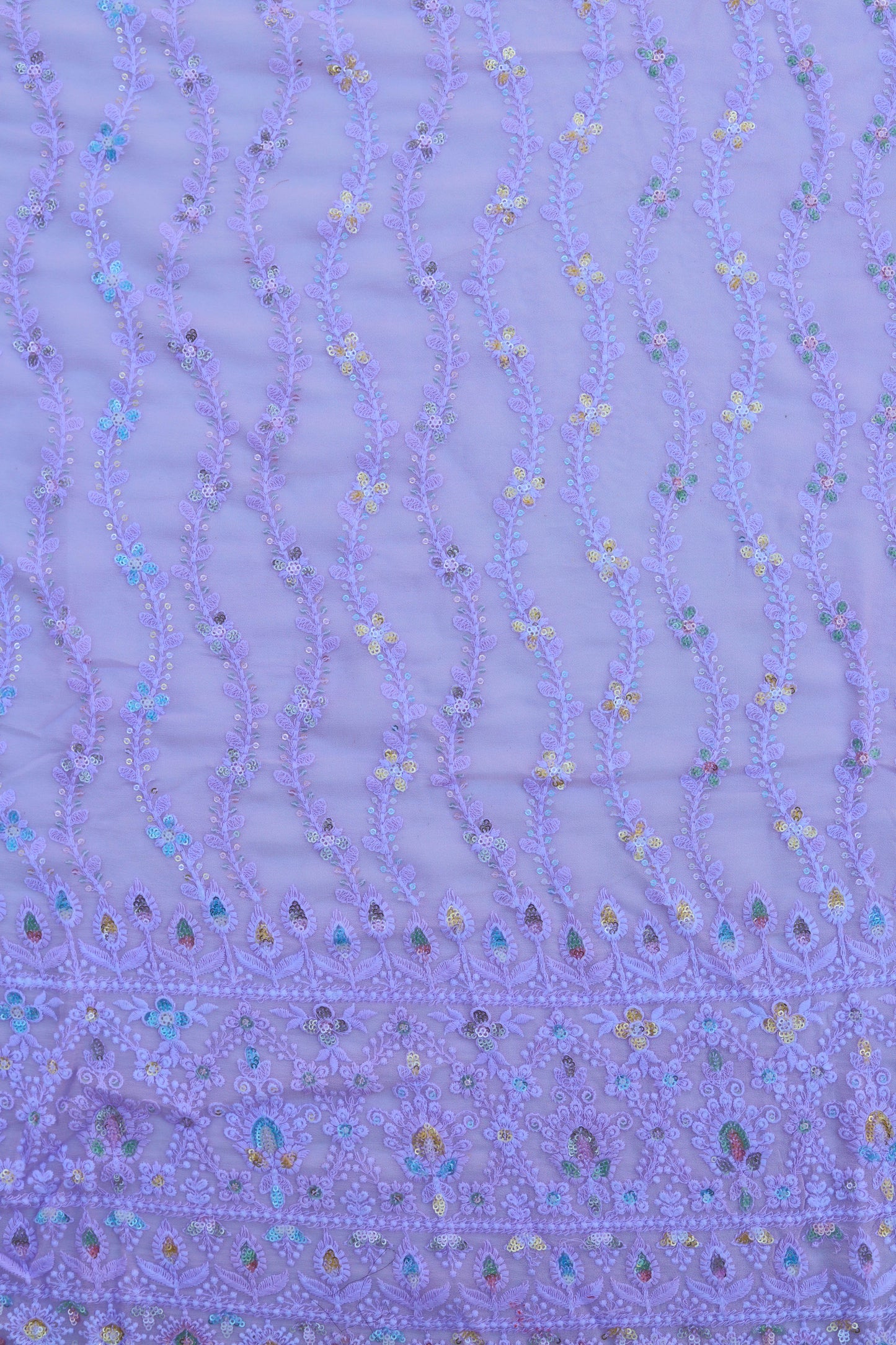 Vertical Floral Sequin Embroidered Fabric with Ornate Border