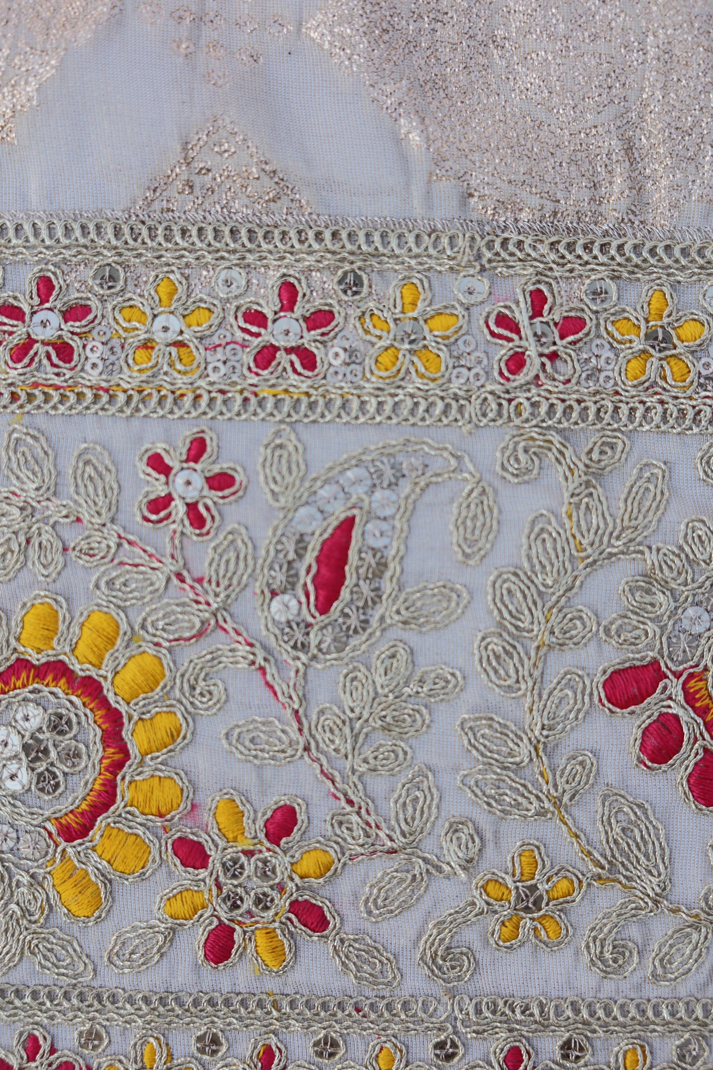 Banarasi Tissue Brocade Fabric with Floral Embroidery and Mirror Accents