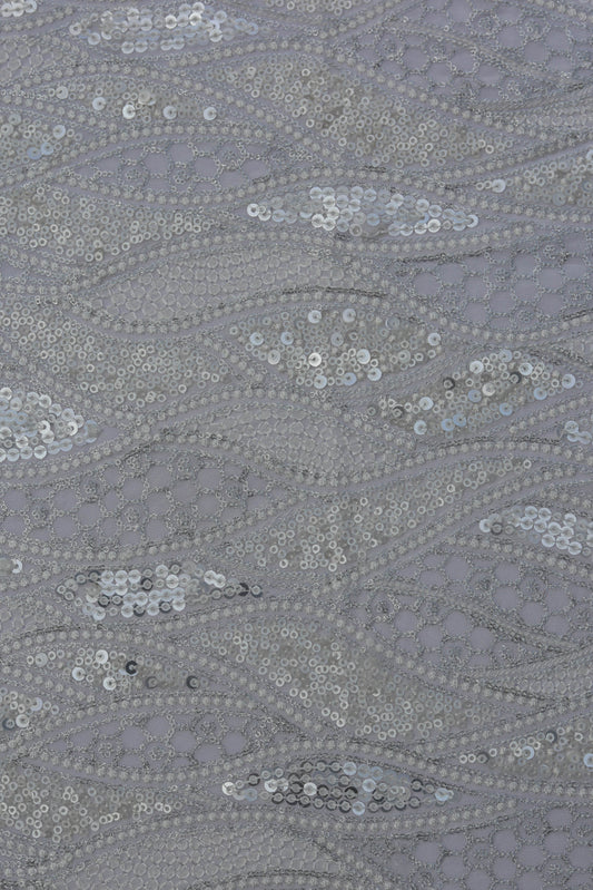 White Wave Pattern Embroidered Fabric with Sequins