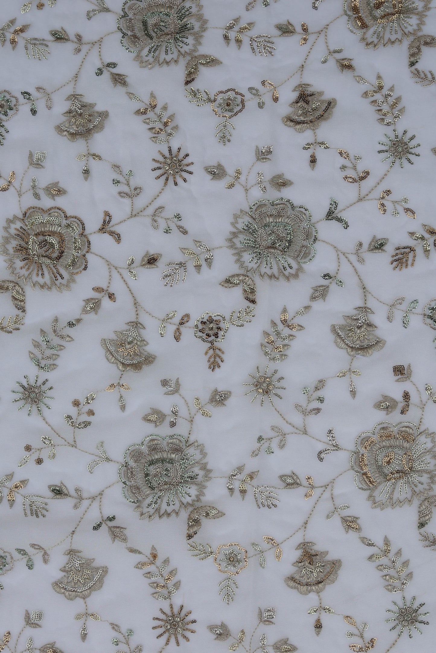 White Floral Embroidered Fabric with Gold Detailing