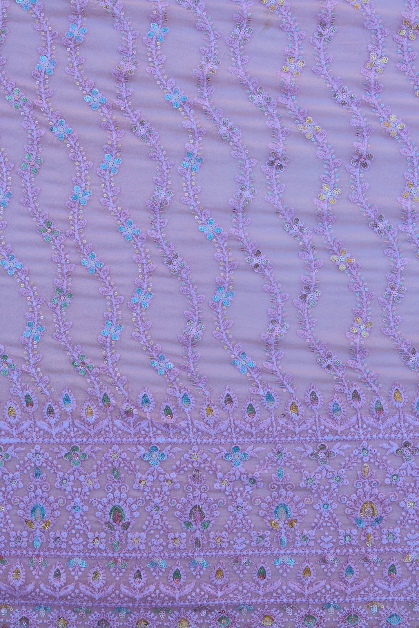Vertical Floral Sequin Embroidered Fabric with Ornate Border