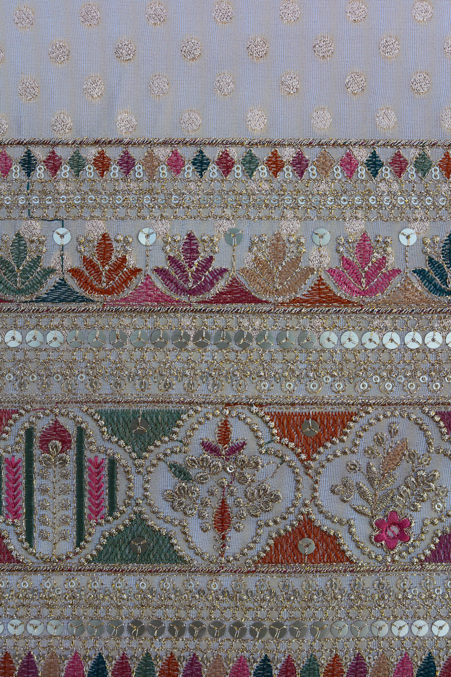 Pure Banarasi Tissue Brocade Fabric with Embroidered Polka Dots and Sequined Border