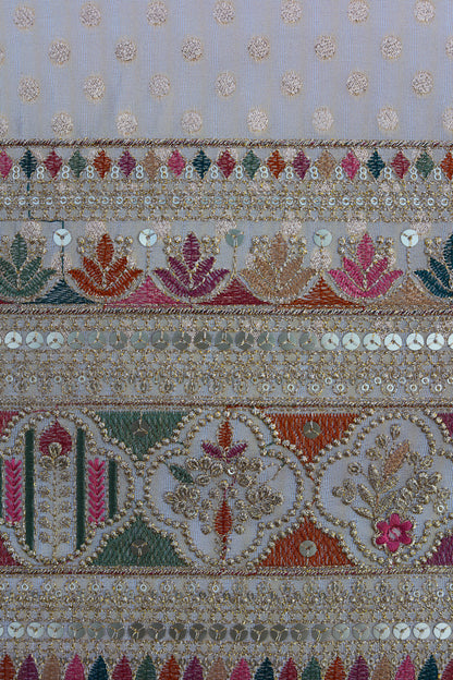 Pure Banarasi Tissue Brocade Fabric with Embroidered Polka Dots and Sequined Border