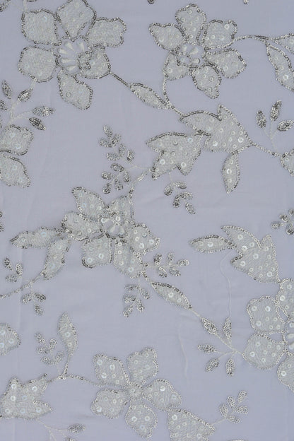 White Floral Embroidered Fabric with Silver Sequin Detailing