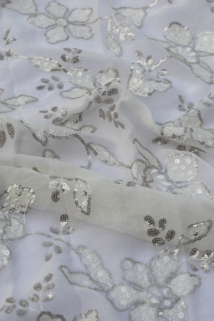 White Floral Embroidered Fabric with Silver Sequin Detailing