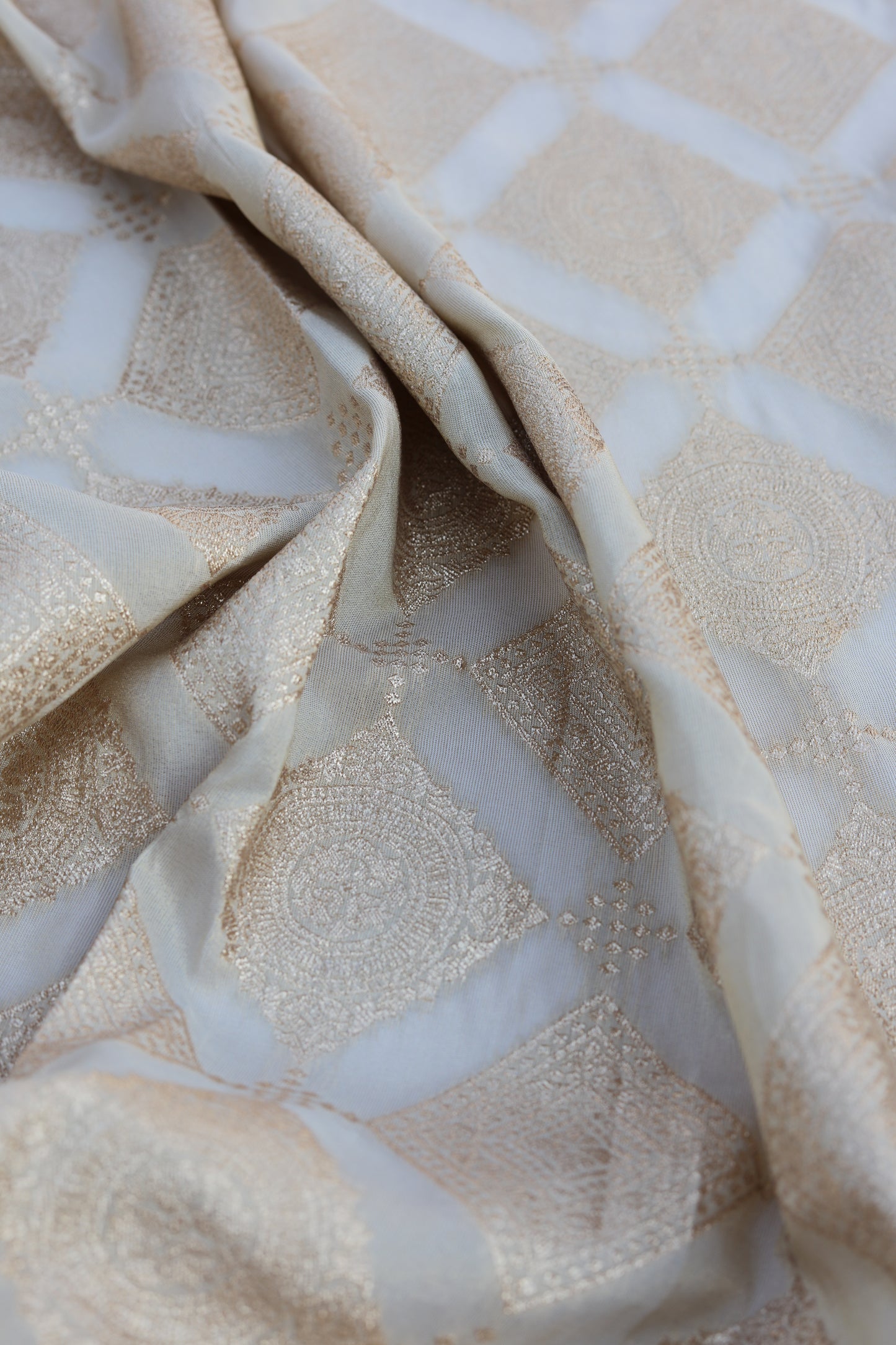 Banarasi Tissue Brocade Fabric with Floral Embroidery and Mirror Accents