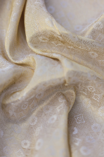 Pure Tanchoi Silk Brocade Fabric with Intricate Golden Floral Patterns