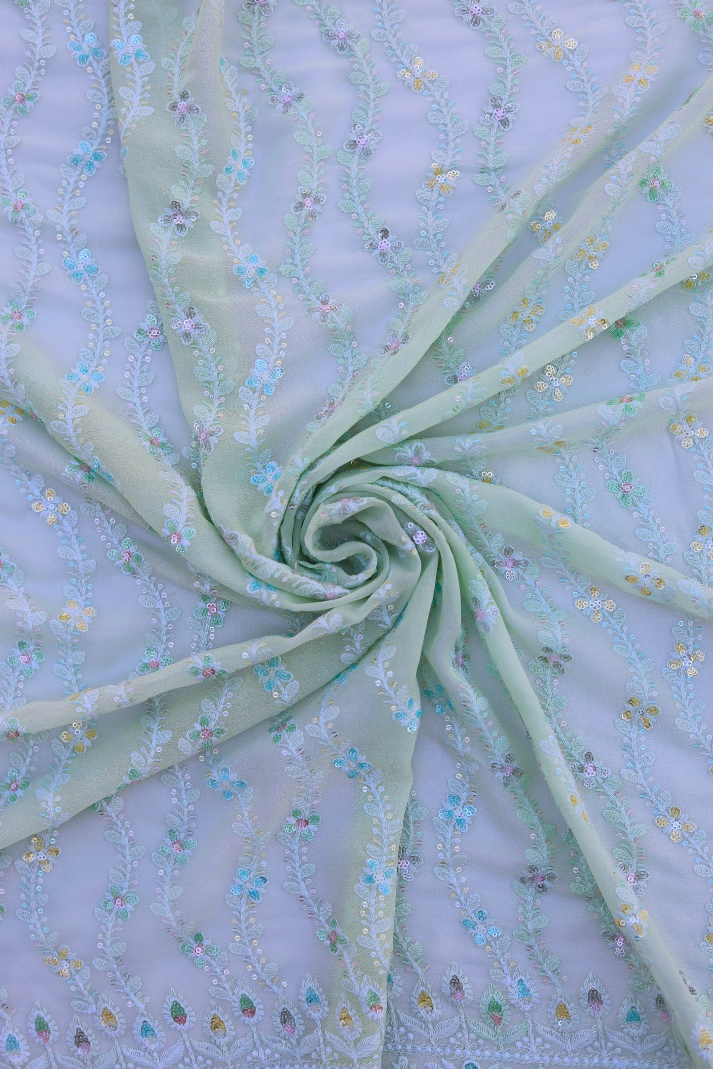 Vertical Floral Sequin Embroidered Fabric with Ornate Border