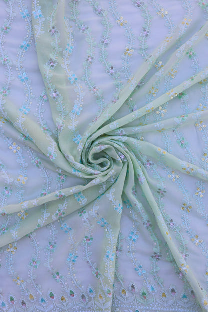 Vertical Floral Sequin Embroidered Fabric with Ornate Border