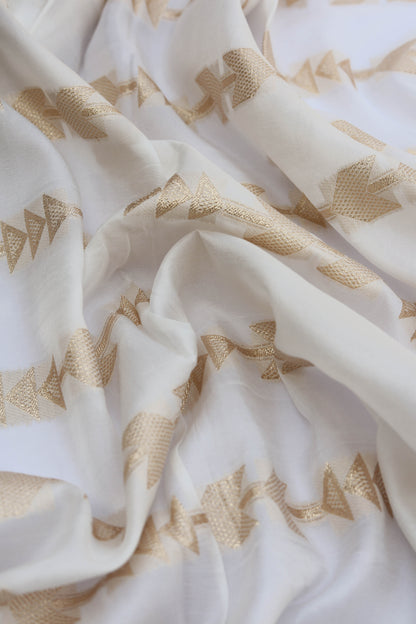 White Russian Silk Lehriya Fabric with Golden Arrow Motif