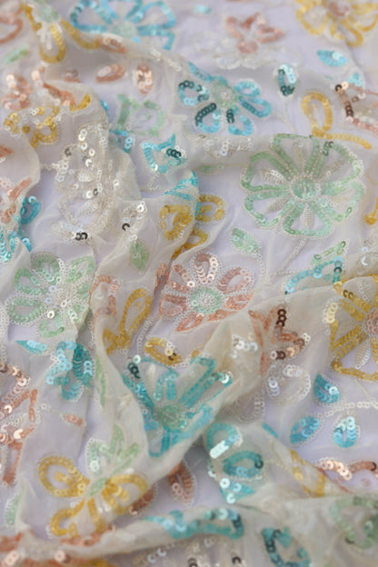 Multi-Tone Floral Embroidered Sequin Fabric
