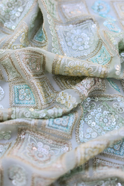 Pastel Multi-Color Square Embroidered Sequin Fabric
