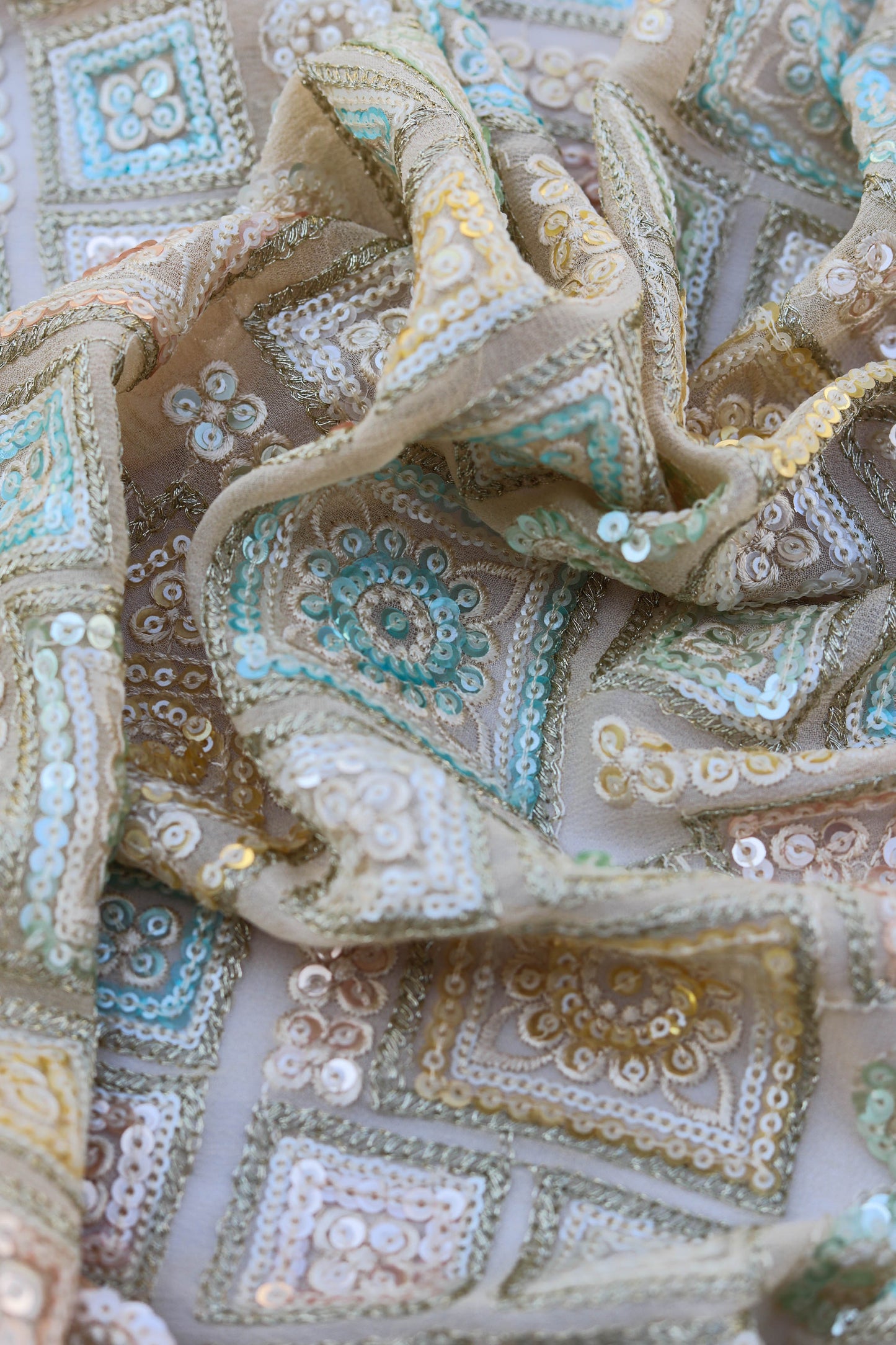 Pastel Multi-Color Square Embroidered Sequin Fabric