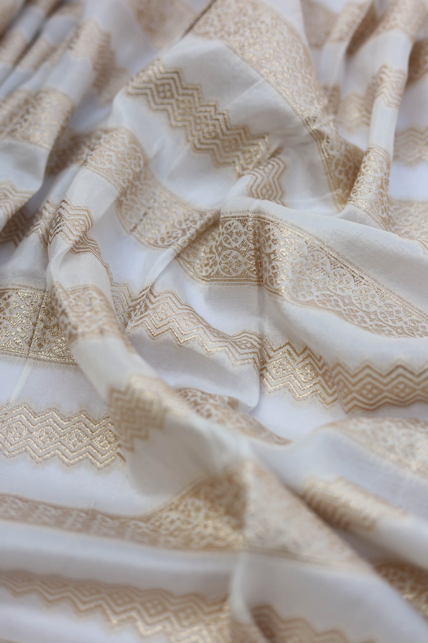 Striped Russian Silk Lehriya Brocade Fabric with Metallic Gold Detailing
