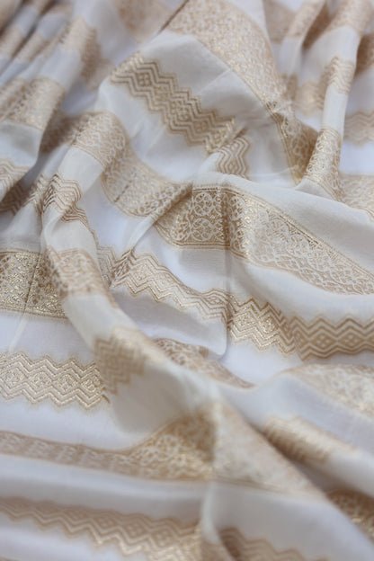 Striped Russian Silk Lehriya Brocade Fabric with Metallic Gold Detailing
