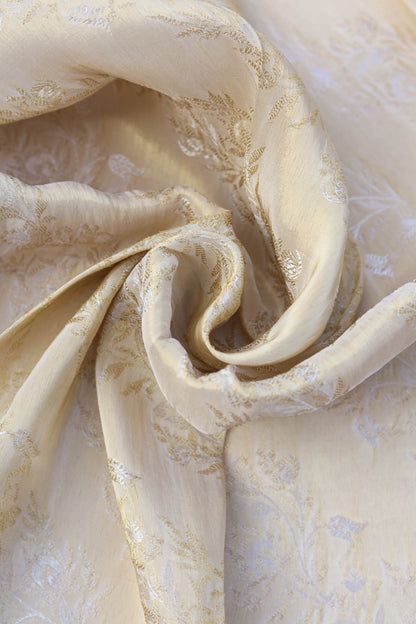 Golden Woven Pure Tanchoi Silk Floral Brocade Fabric