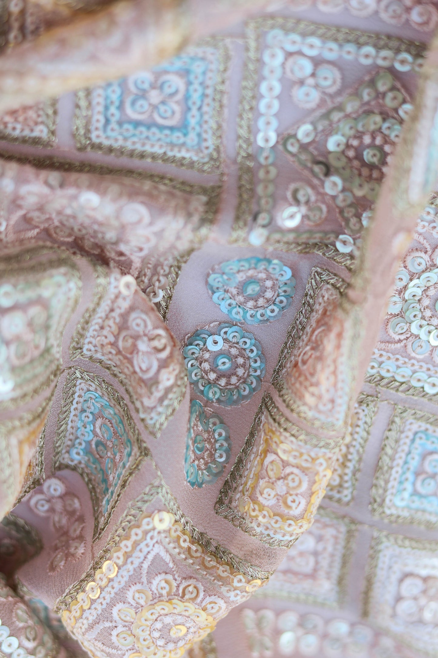 Pastel Multi-Color Square Embroidered Sequin Fabric