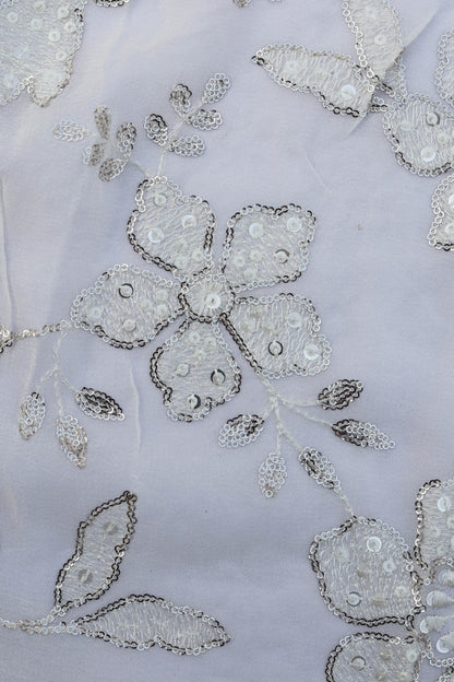 White Floral Embroidered Fabric with Silver Sequin Detailing