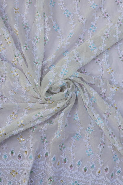 Vertical Floral Sequin Embroidered Fabric with Ornate Border