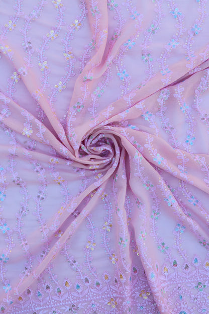 Vertical Floral Sequin Embroidered Fabric with Ornate Border
