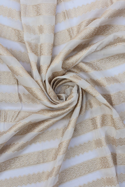 Striped Russian Silk Lehriya Brocade Fabric with Metallic Gold Detailing