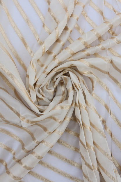 White Gold Striped Organza Fabric with Silk Sheen