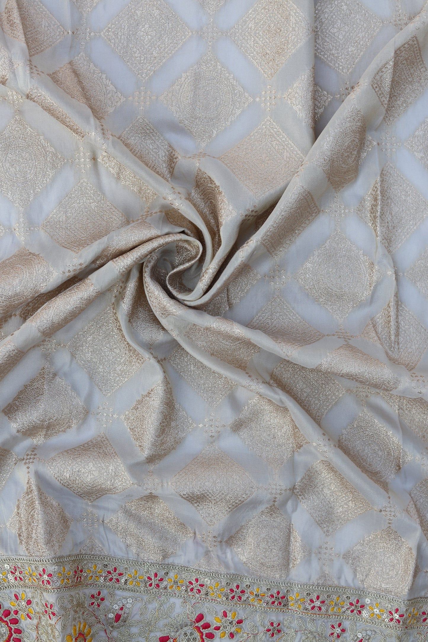 Banarasi Tissue Brocade Fabric with Floral Embroidery and Mirror Accents