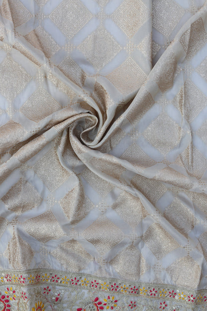 Banarasi Tissue Brocade Fabric with Floral Embroidery and Mirror Accents