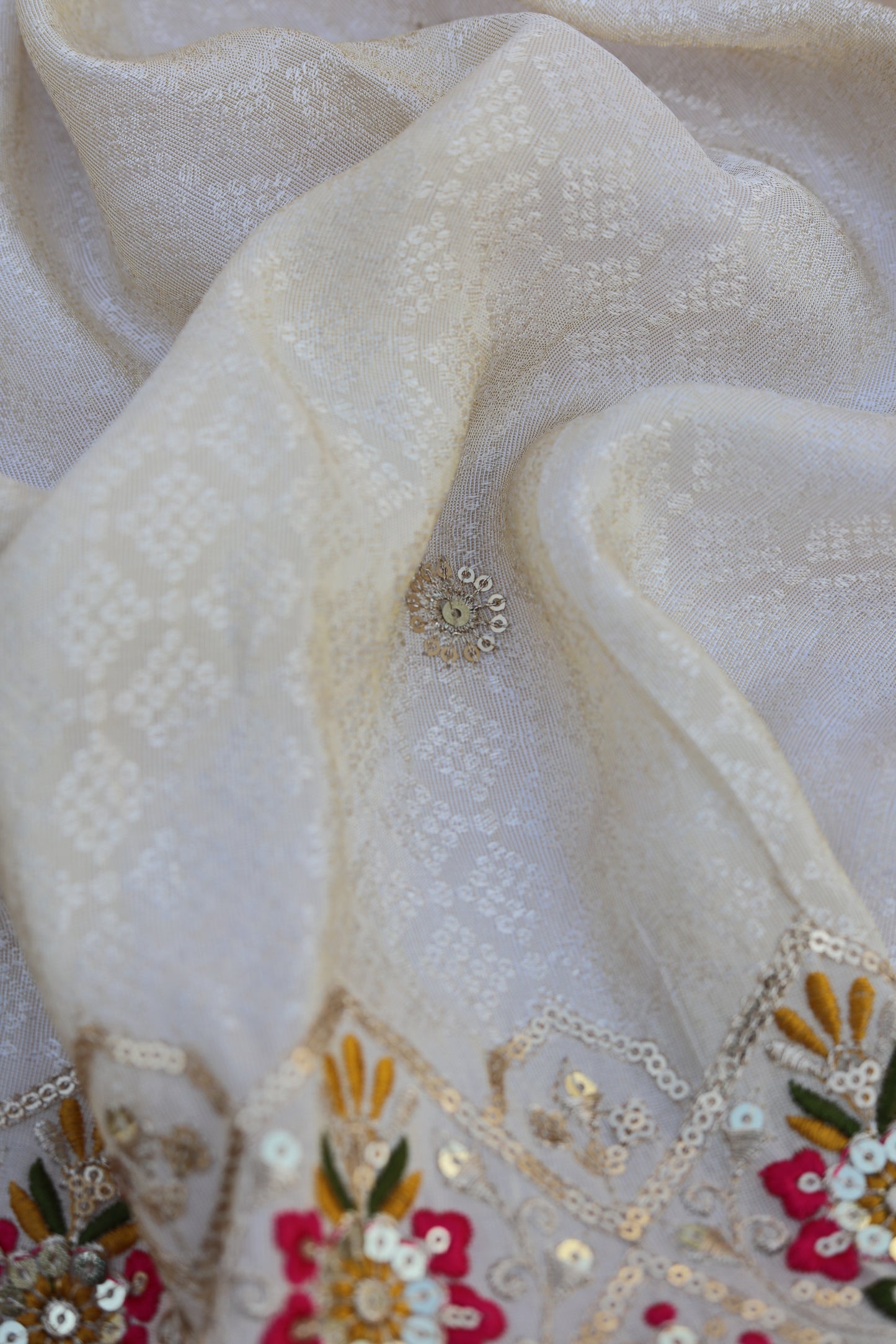 Banarasi Tissue Brocade Fabric with Floral Embroidery and Colorful Border