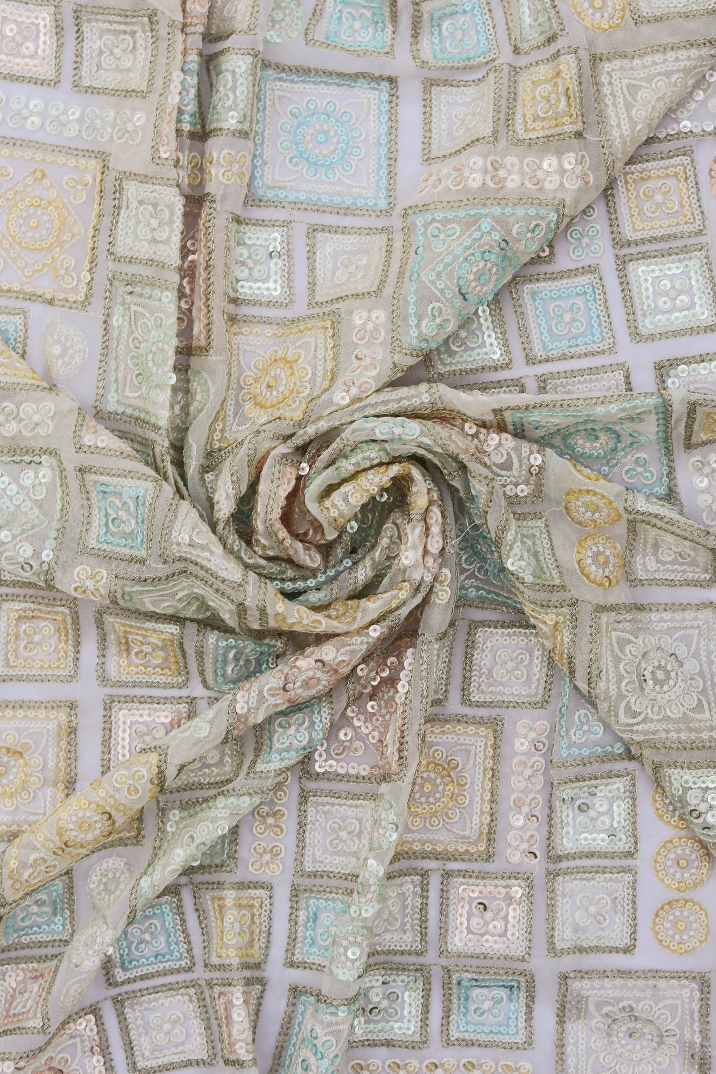 Pastel Multi-Color Square Embroidered Sequin Fabric