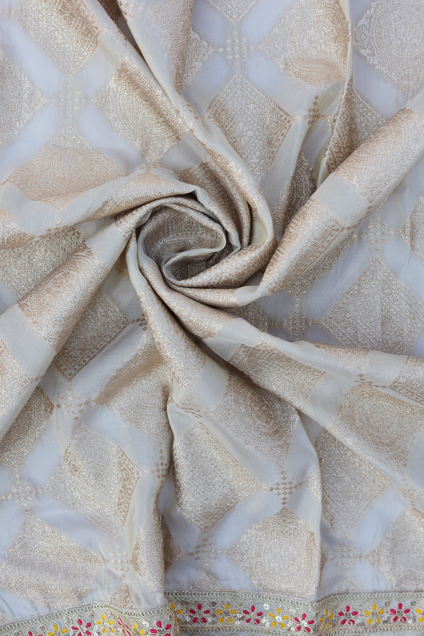 Banarasi Tissue Brocade Fabric with Floral Embroidery and Mirror Accents