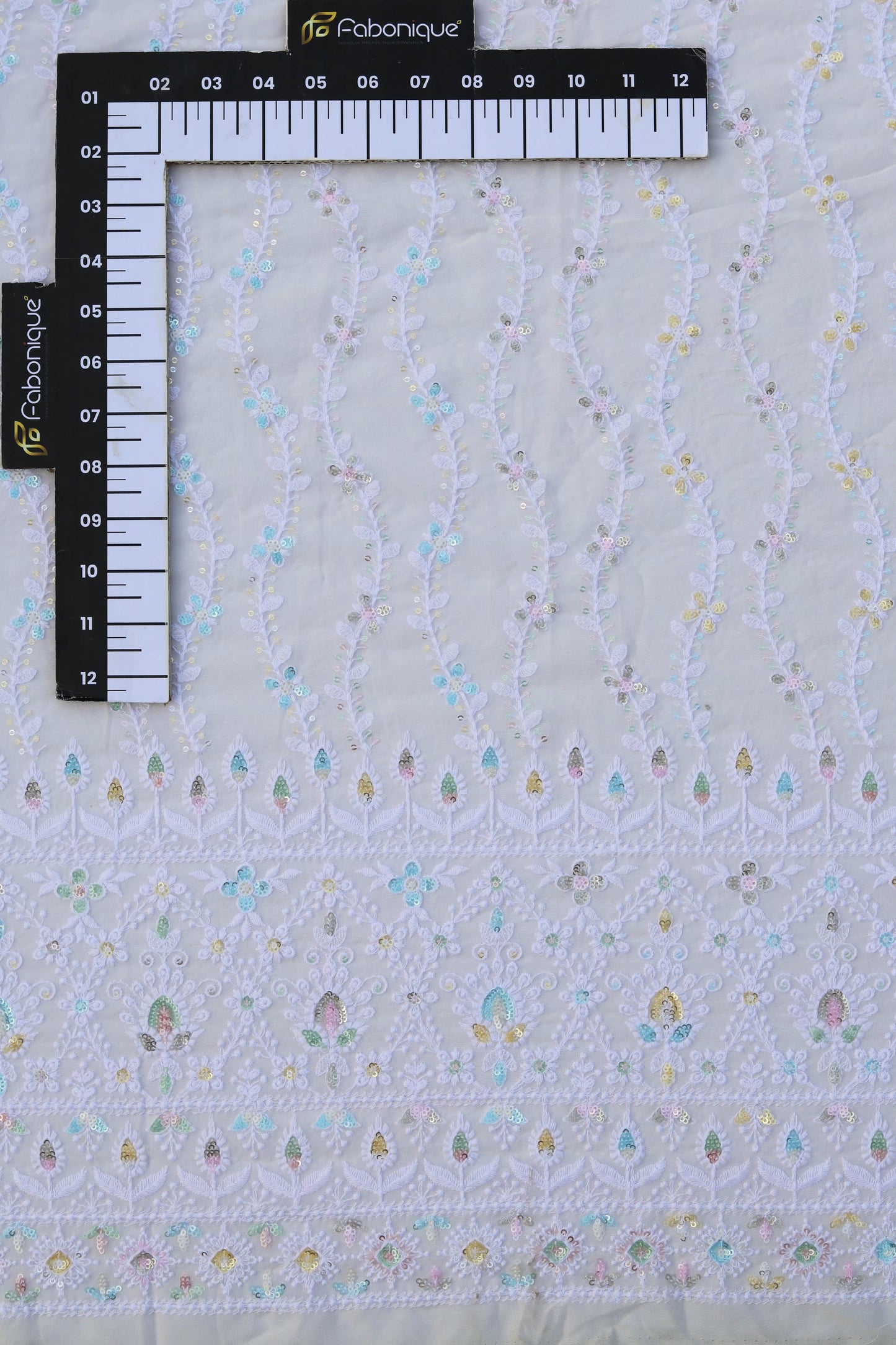 Vertical Floral Sequin Embroidered Fabric with Ornate Border
