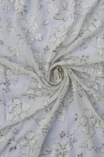 White Floral Embroidered Fabric with Silver Sequin Detailing