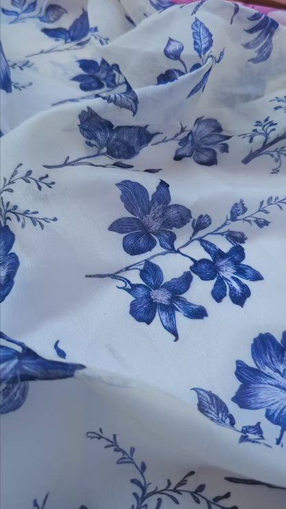 Indigo Petals Printed Chanderi Fabric