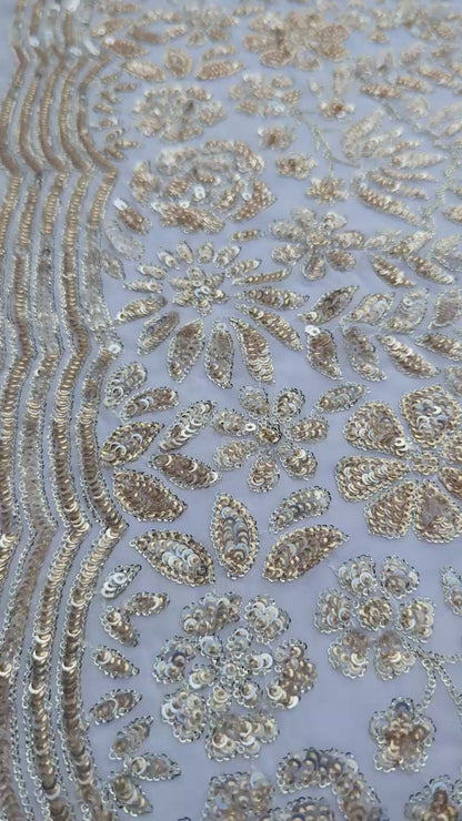 Silver Sequin Embroidered Nude Fabric