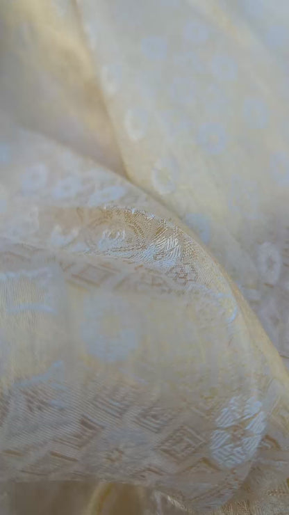 Pure Tanchoi Silk Brocade Fabric with Intricate Golden Floral Patterns
