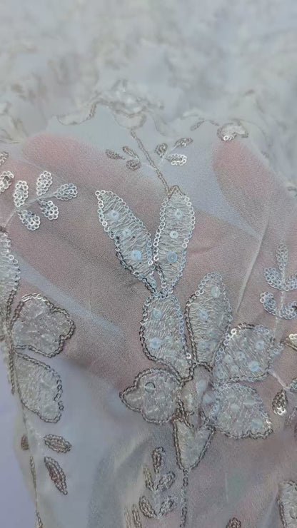 White Floral Embroidered Fabric with Silver Sequin Detailing