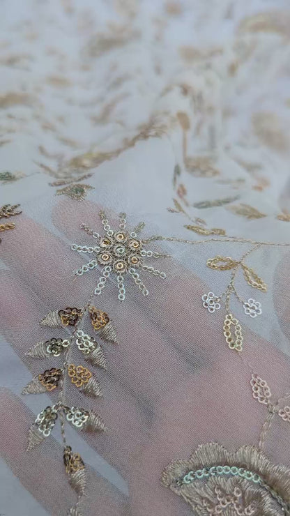 White Floral Embroidered Fabric with Gold Detailing
