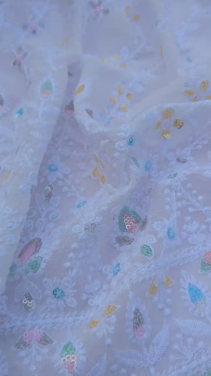 Vertical Floral Sequin Embroidered Fabric with Ornate Border