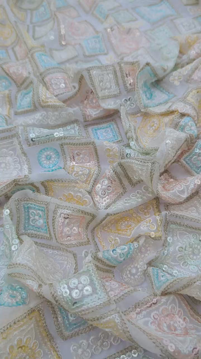Pastel Multi-Color Square Embroidered Sequin Fabric