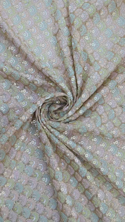 Pastel Accented Embroidered Fabric with Sequin Highlights