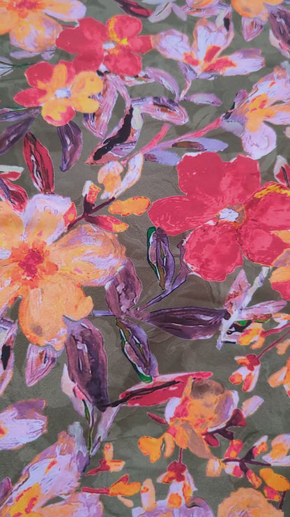 Olive Bloom Crepe Silk Fabric